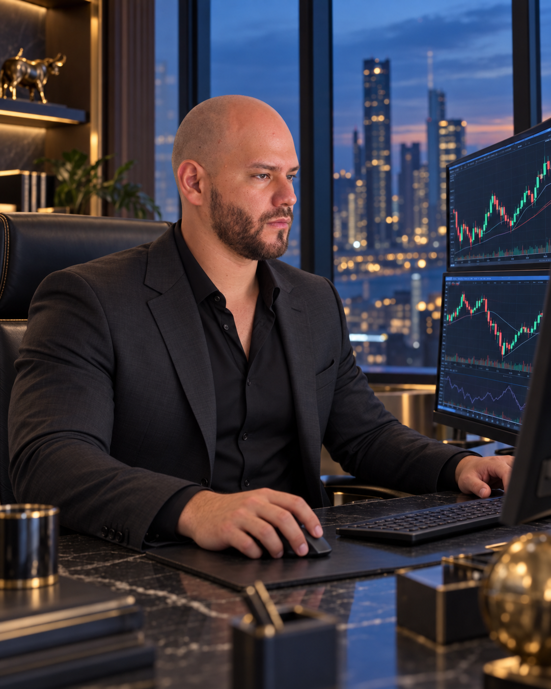 Profesional de Illuminatis frente a sus monitores de trading